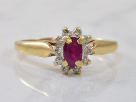 Oval Cut Ruby & Diamond Halo Ring | 0.25ct, 0.05ctw | SZ 6.75 | For Sale